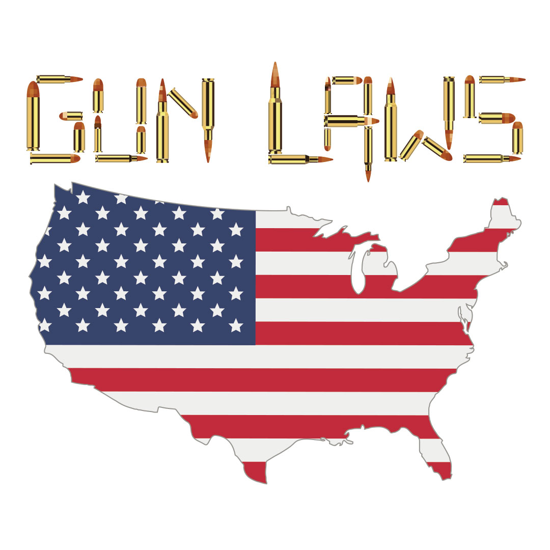 "Gun Laws" written in letters made of ammo over a map of the U.S. with an American flag printed over it.