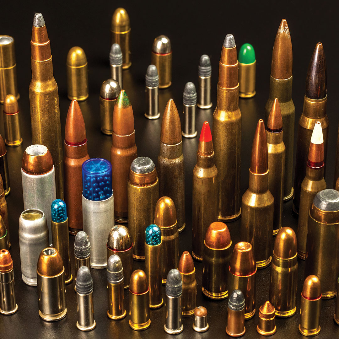 A variety of individual ammunition cartridges in a variety of calibers.